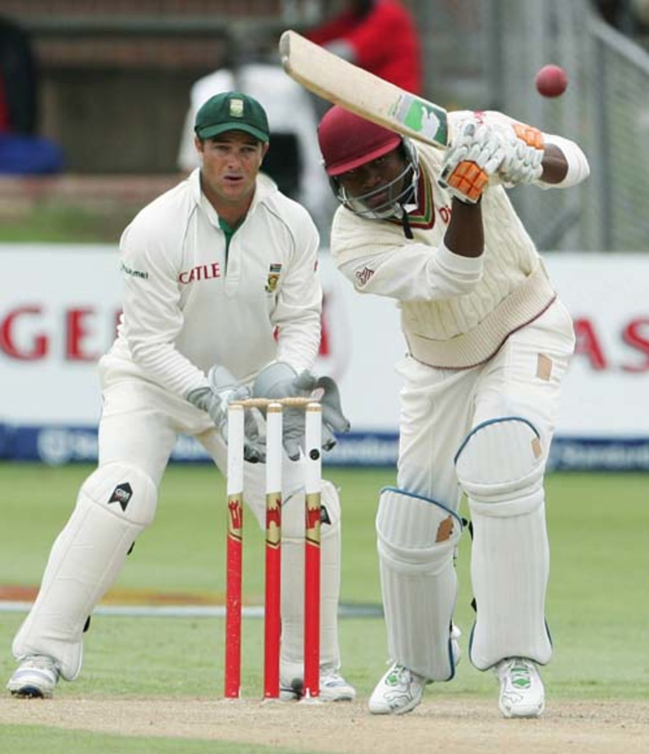 Marlon Samuels drives down the ground during his 94, South Africa v West Indies, 1st Test, Port Elizabeth, 1st day, December 26, 2007