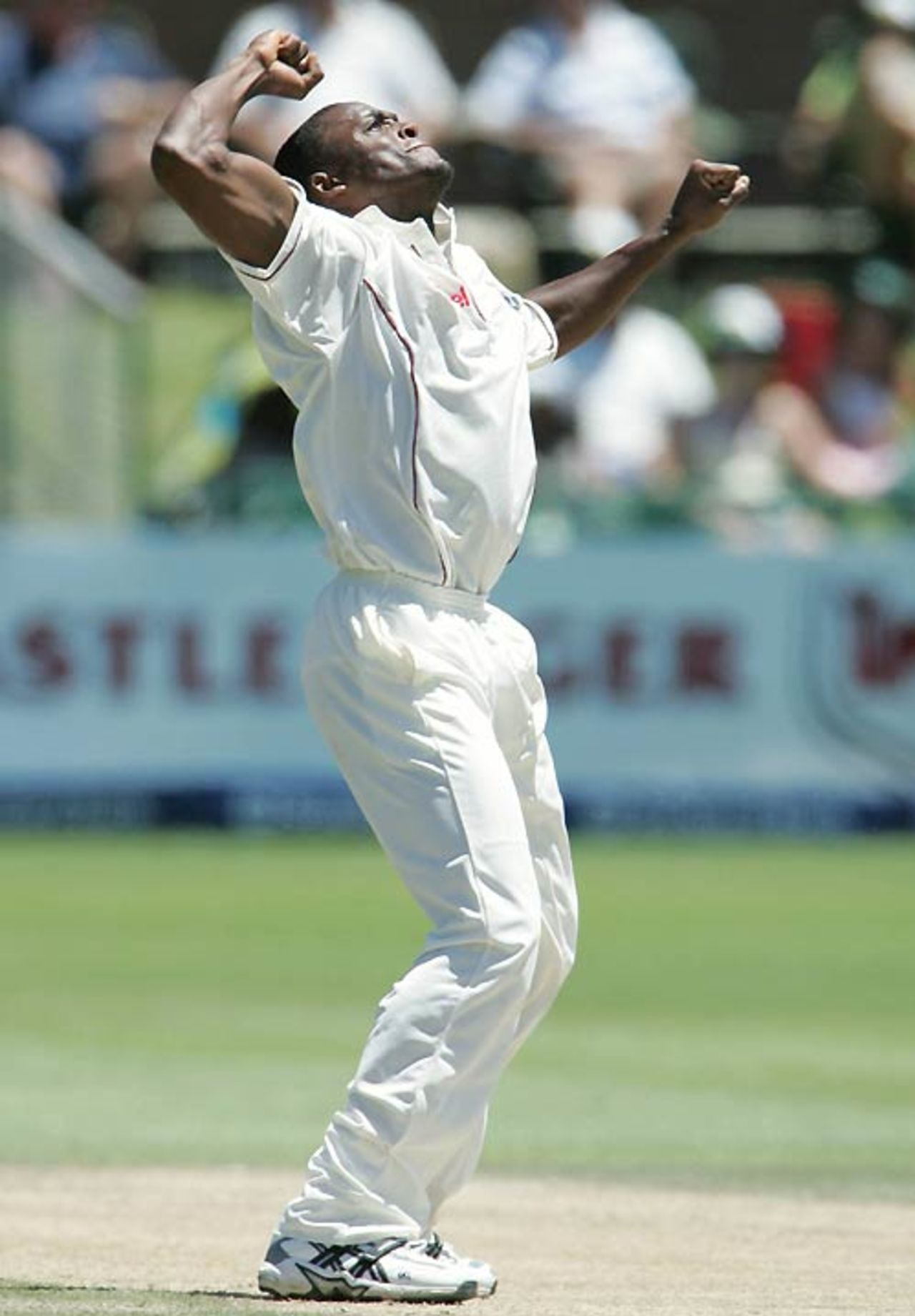 Daren Powell is delighted after getting Herschelle Gibbs out for a pair, South Africa v West Indies, 1st Test, Port Elizabeth, 4th day, December 29, 2007