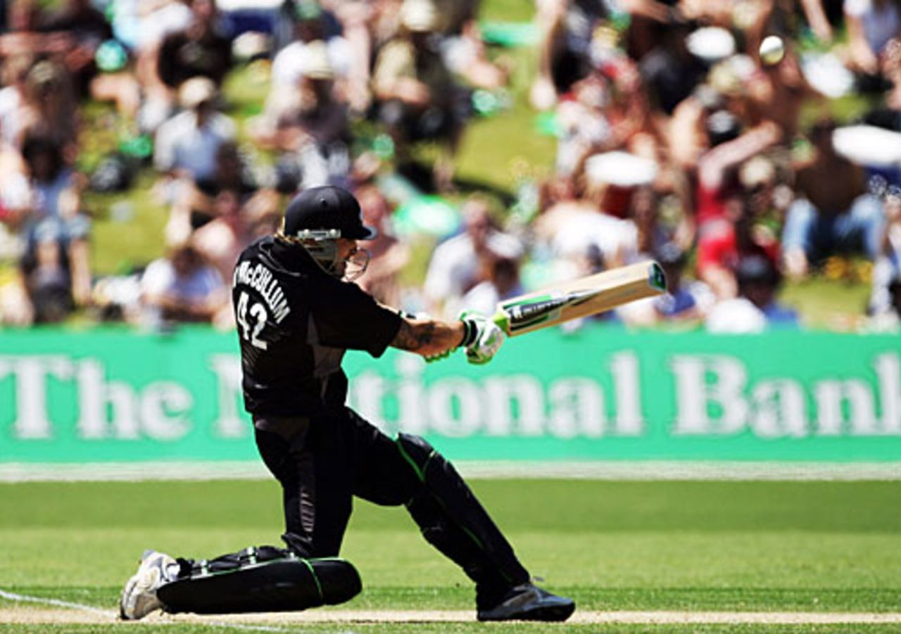 Brendon McCullum slog-sweeps on his way to a 28-ball 80, New Zealand v Bangladesh, 3rd ODI, Queenstown, December 31, 2007 