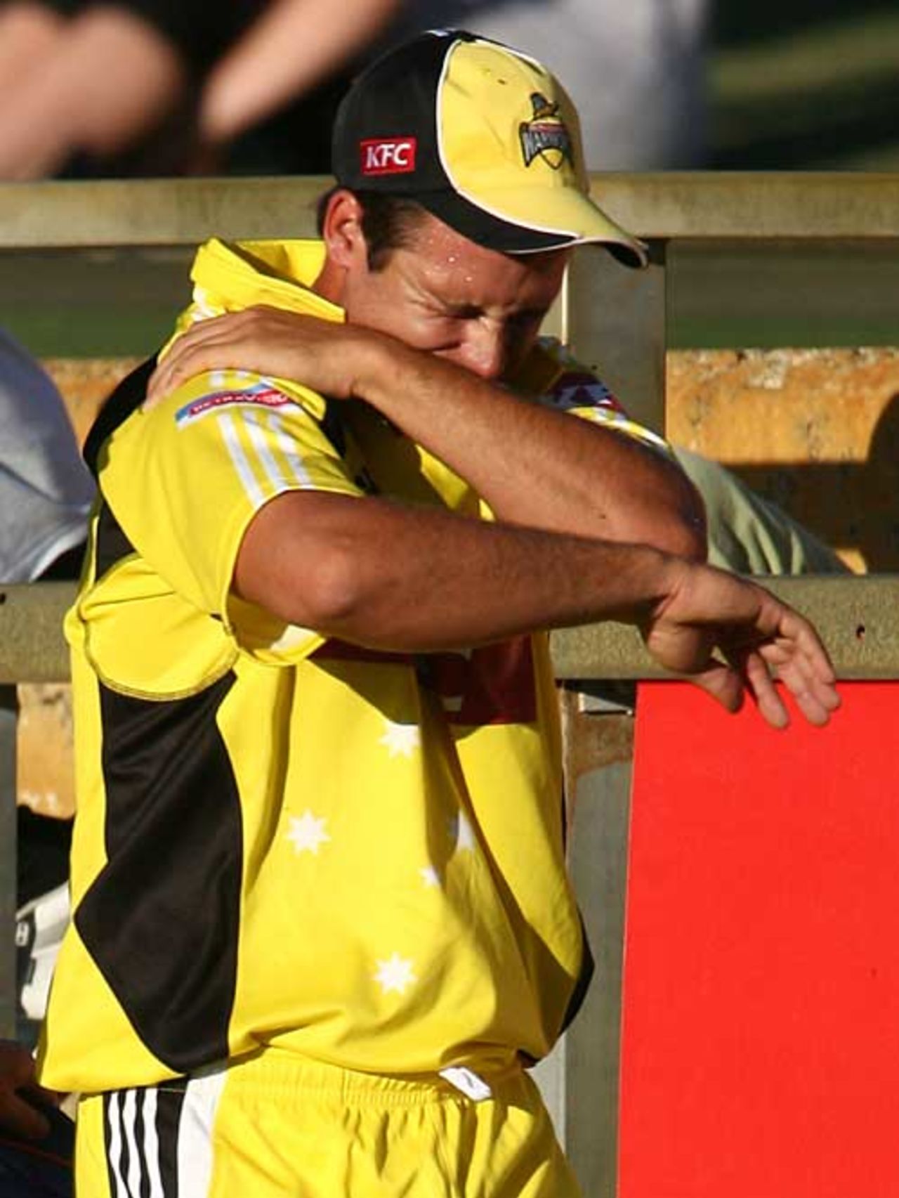 Trent Kelly leaves the field with a shoulder injury, Western Australia v Tasmania, Twenty20 Big Bash, Perth, December 31, 2007