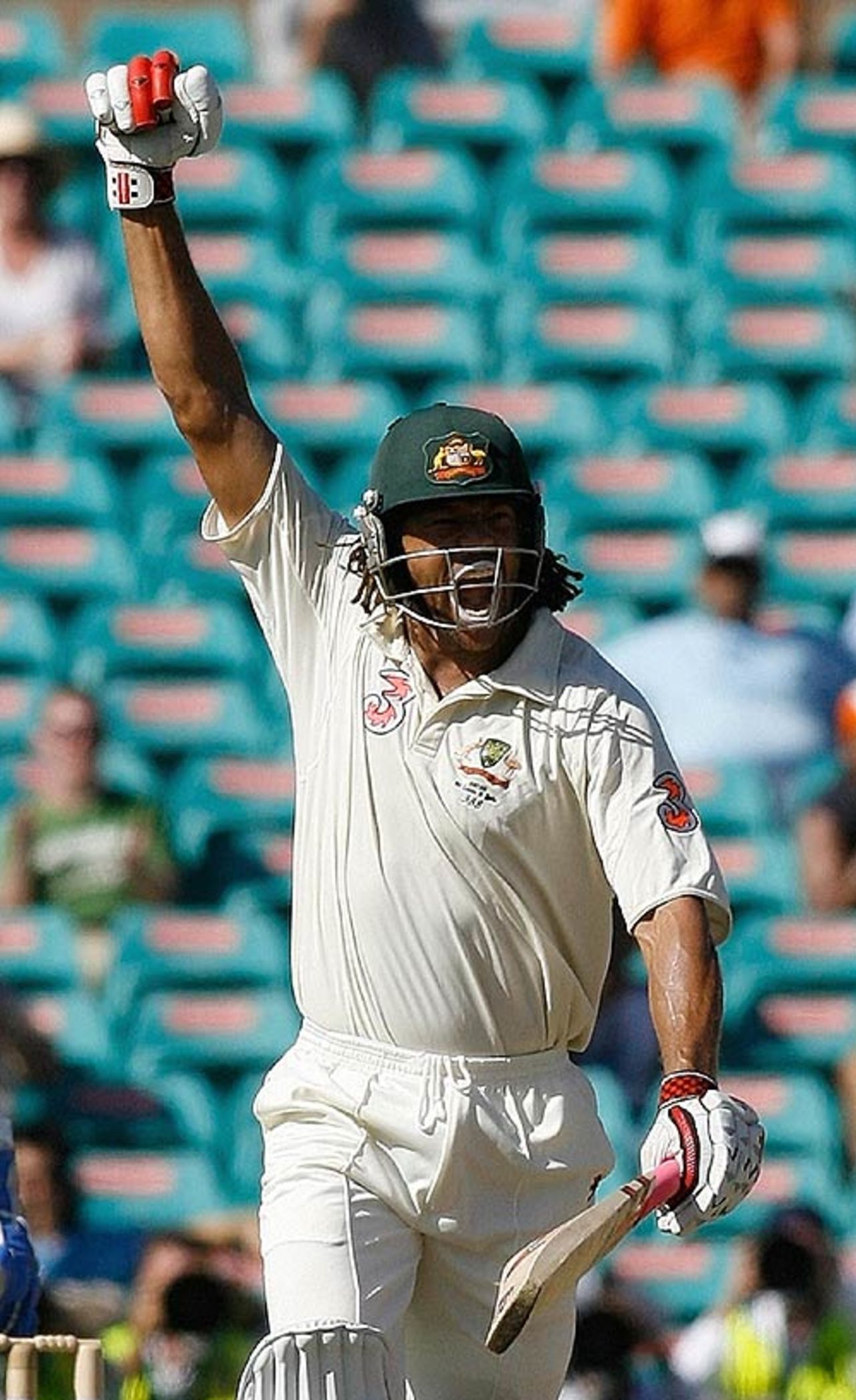 Andrew Symonds can't contain his excitement after reaching his second Test century, Australia v India, 2nd Test, Sydney, 1st day, January 2, 2008
