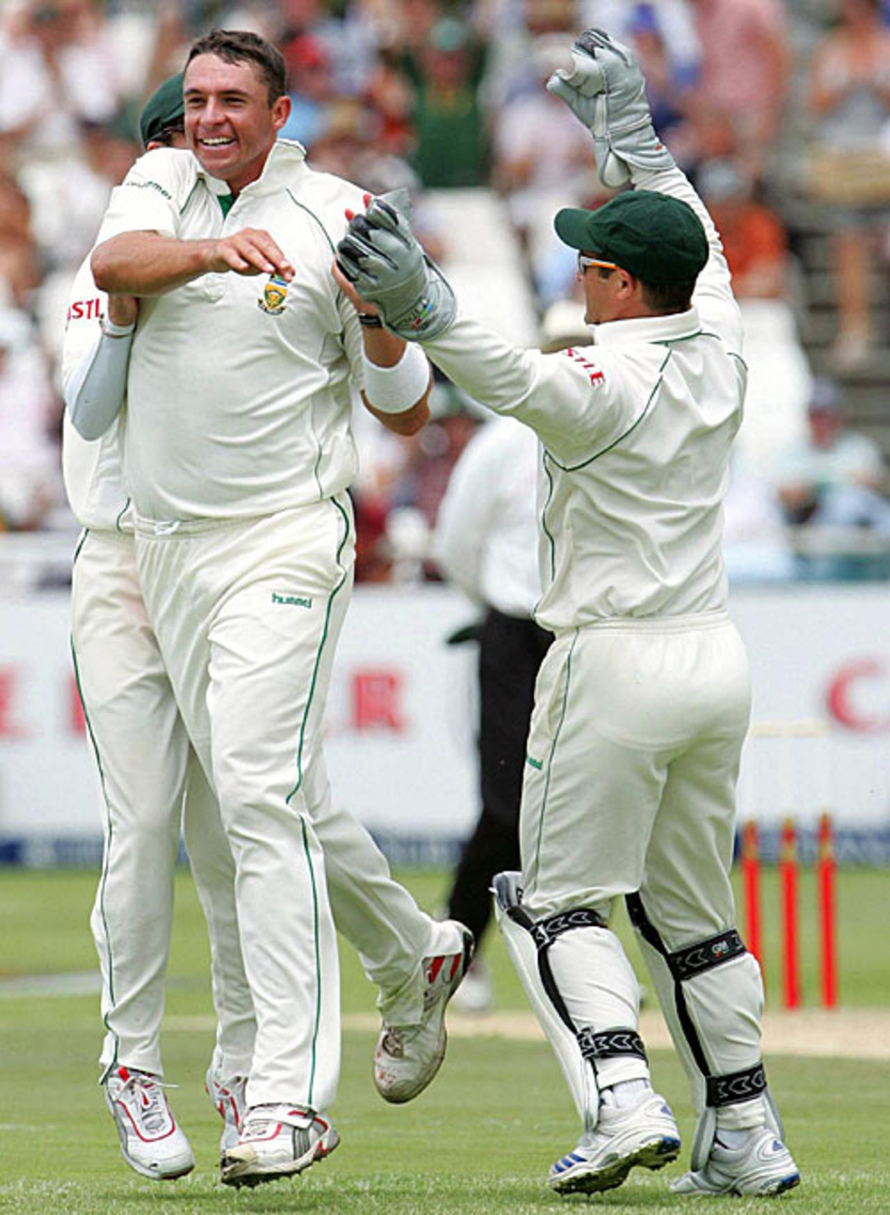 Andre Nel is congratulated by Mark Boucher on the wicket of Chris Gayle, South Africa v West Indies, 2nd Test, Cape Town, January 2, 2008