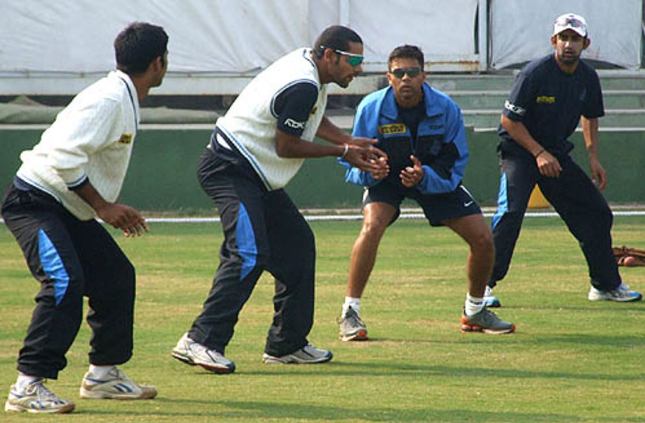 The Delhi players at a catching session a day before the Ranji Trophy Super League semi-final against Baroda, Indore, January 4, 2008