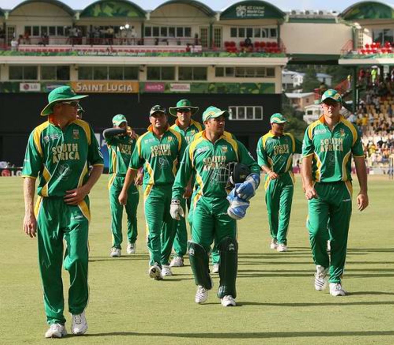 South African cricketers leave the field after losing to Australia during the ICC Cricket World Cup 2007 semi-final match at Beausejour cricket ground in Gros Islet, St Lucia,