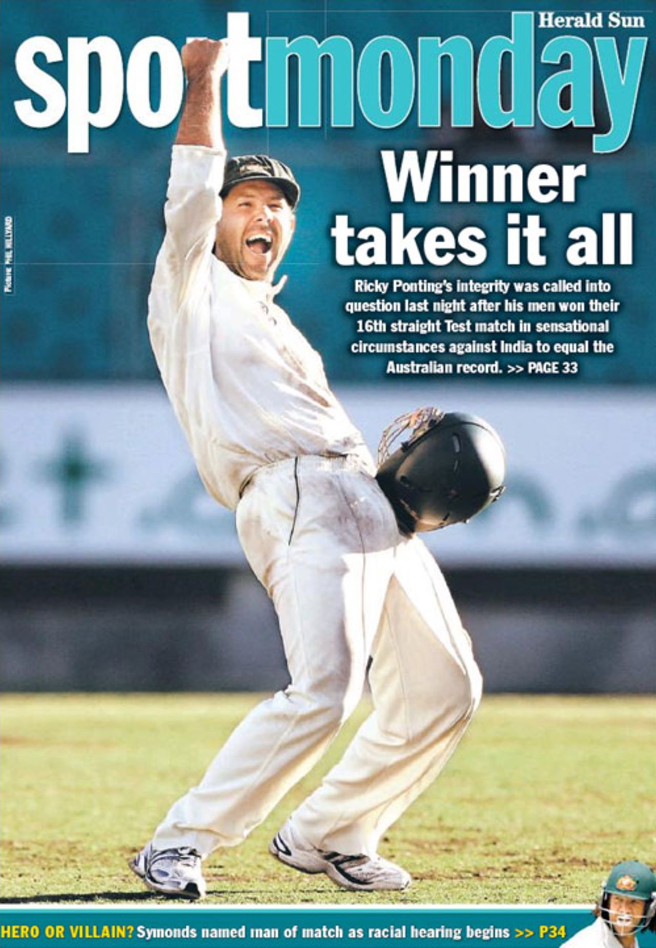 <I>The Herald Sun</I> celebrates Australia's win, Australia v India, 2nd Test, Sydney, January 7, 2008