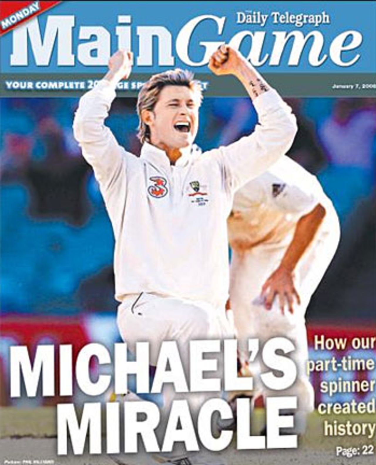 Sydney's <I>Daily Telegraph</I> celebrates Australia's win in the Sydney Test, January 7, 2008