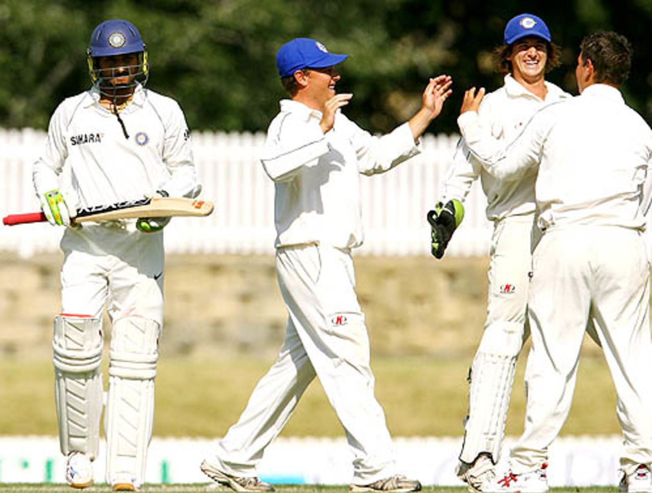 The ACT XI celebrate after Harbhajan Singh fell for a duck, ACT XI v Indians, 1st day, Canberra, January 10, 2008