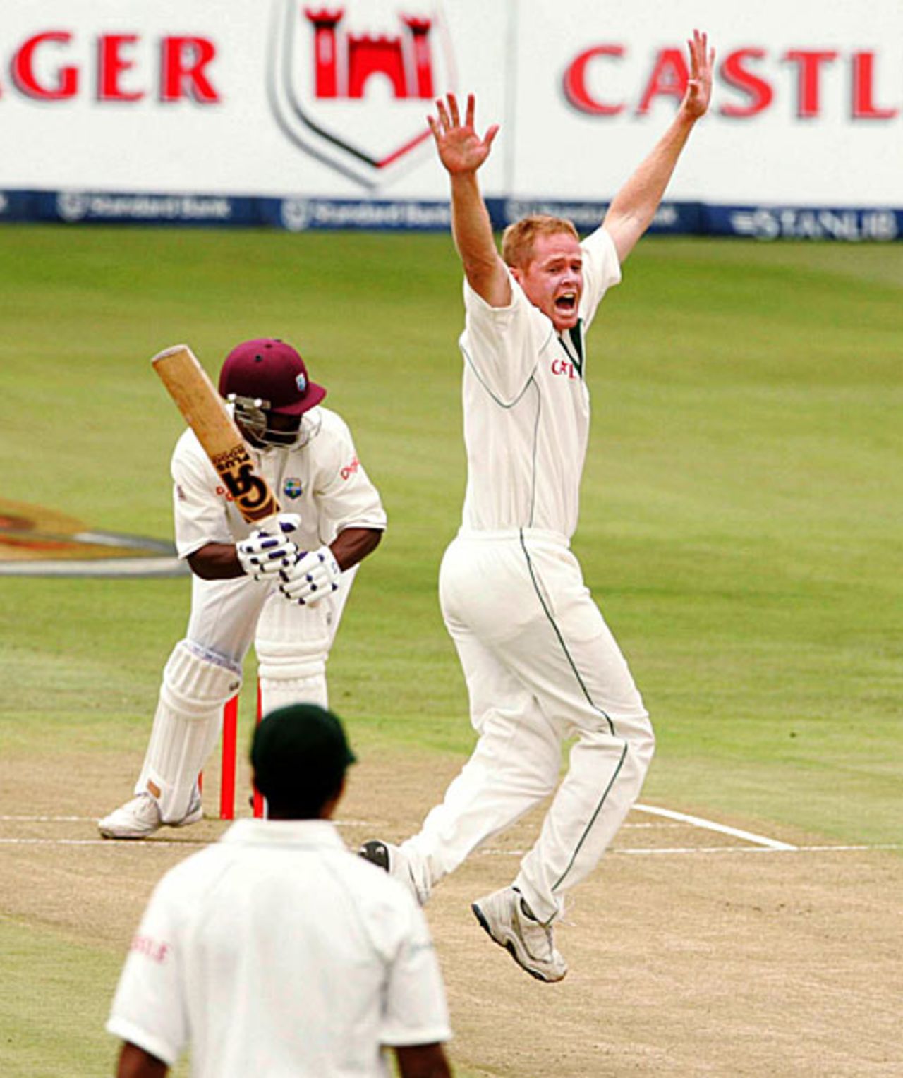 Back among the wickets: Shaun Pollock appeals for one of his four scalps on his return to the Test team, South Africa v West Indies, 3rd Test, Durban, January 10, 2007
