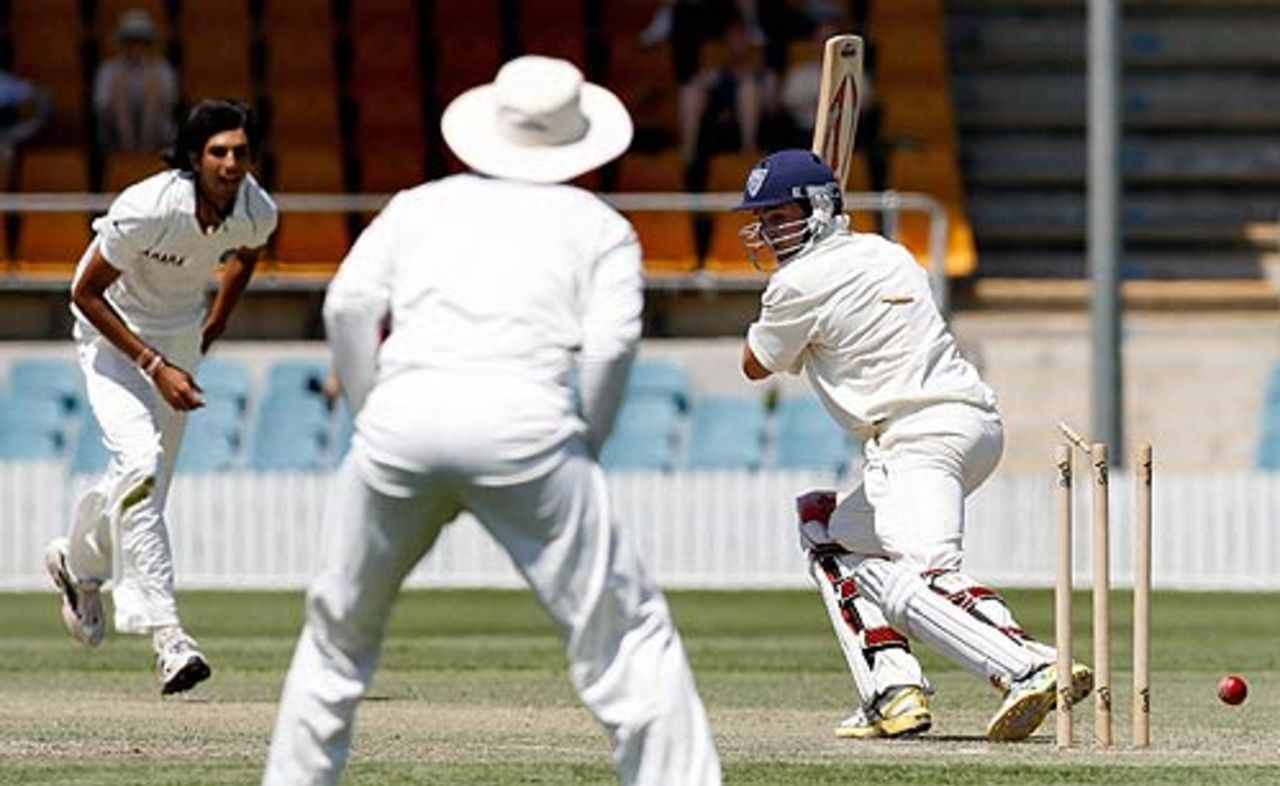 Ed Cowan is bowled by Ishant Sharma, ACT XI v Indians, 2nd day, Canberra, January 11, 2008