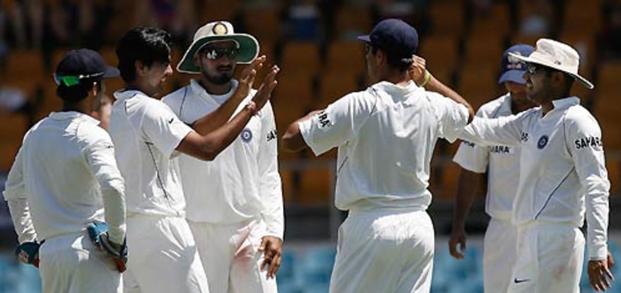 RP Singh and his team-mates celebrate a strike, ACT XI v Indians, 2nd day, Canberra, January 11, 2008