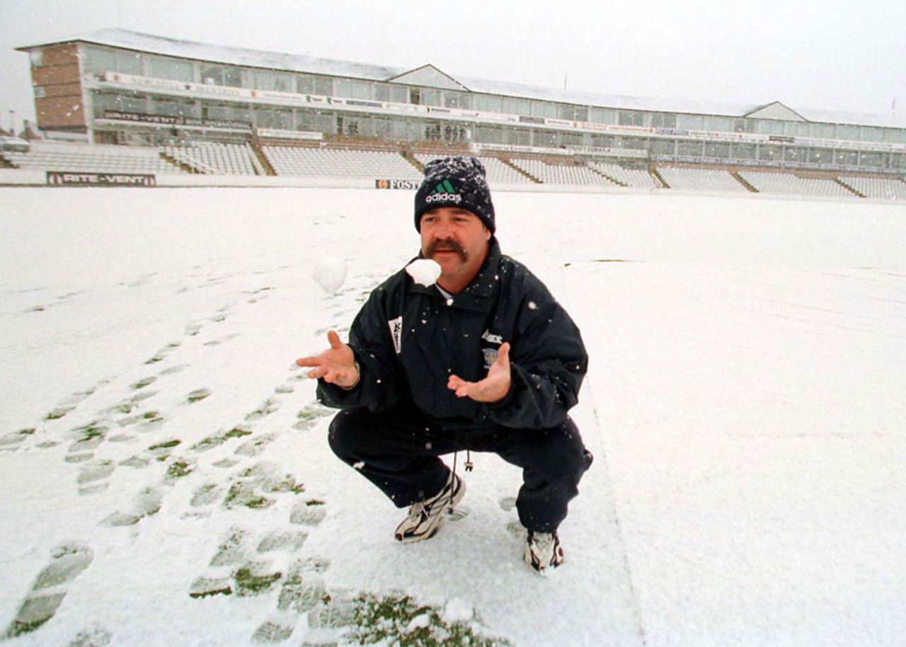 David Boon in the snow at Durham, April 13, 1999
