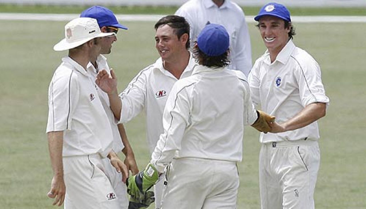 Mark Higgs celebrates removing Virender Sehwag, ACT XI v Indians, 3rd day, Canberra, January 12, 2008