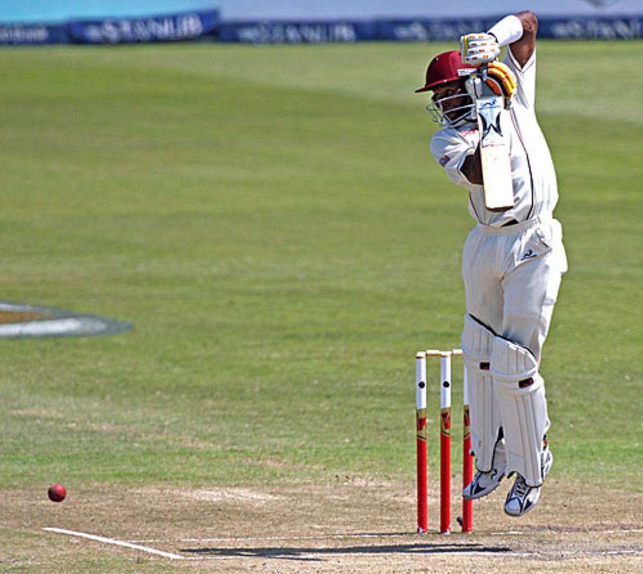 Dwayne Bravo jumps up and punches off the back foot, South Africa v West Indies, 3rd Test, Durban, 3rd day, January 12, 2008 