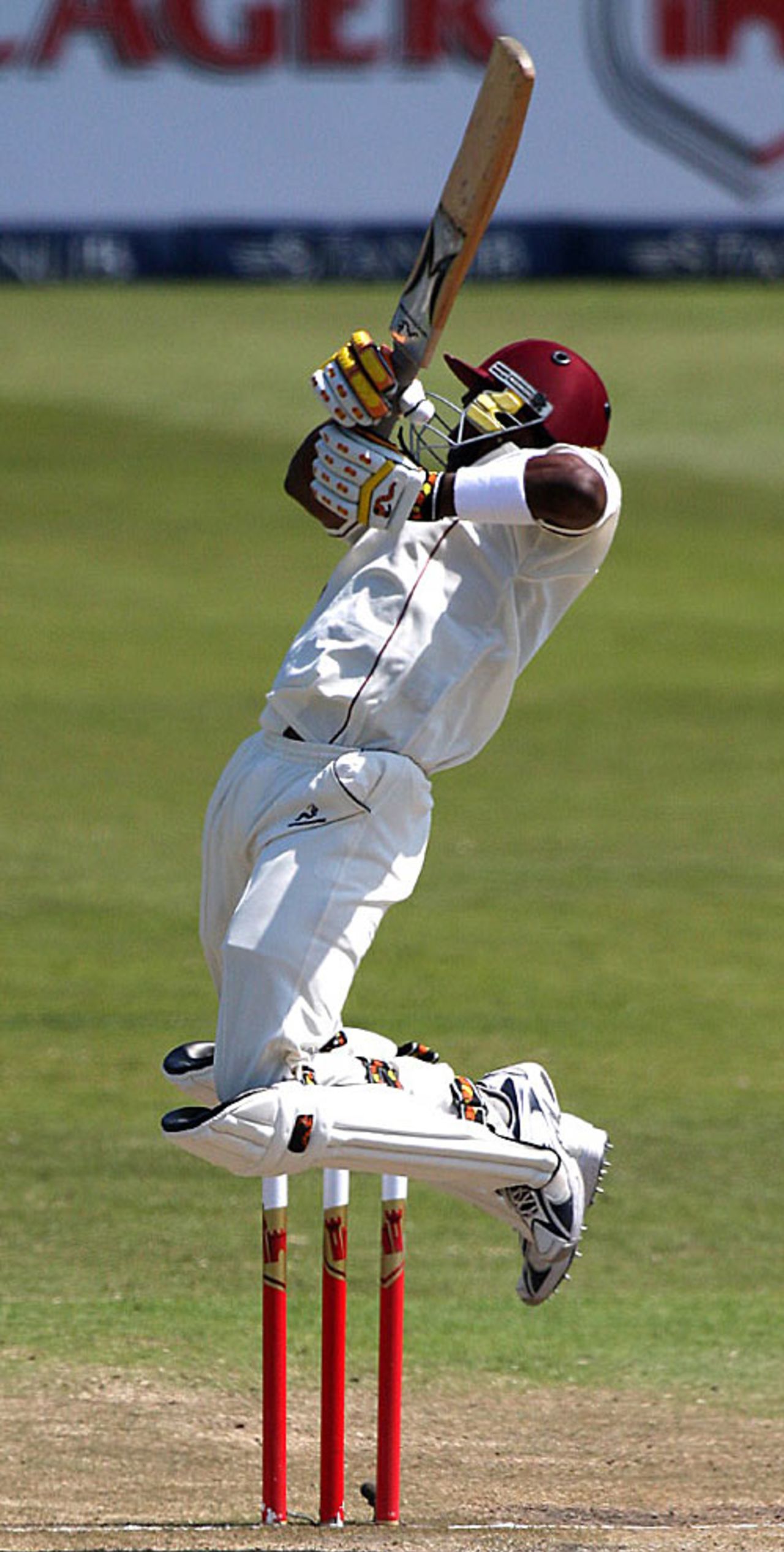 Dwayne Bravo leaps to avoid a bouncer, South Africa v West Indies, 3rd Test, Durban, 3rd day, January 12, 2008 