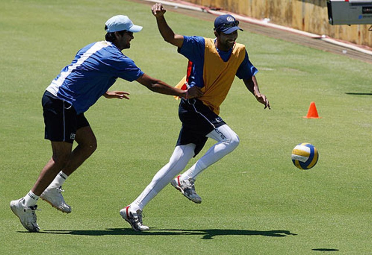 RP Singh and Wasim Jaffer mess about during training, WACA, Perth, January 14, 2008