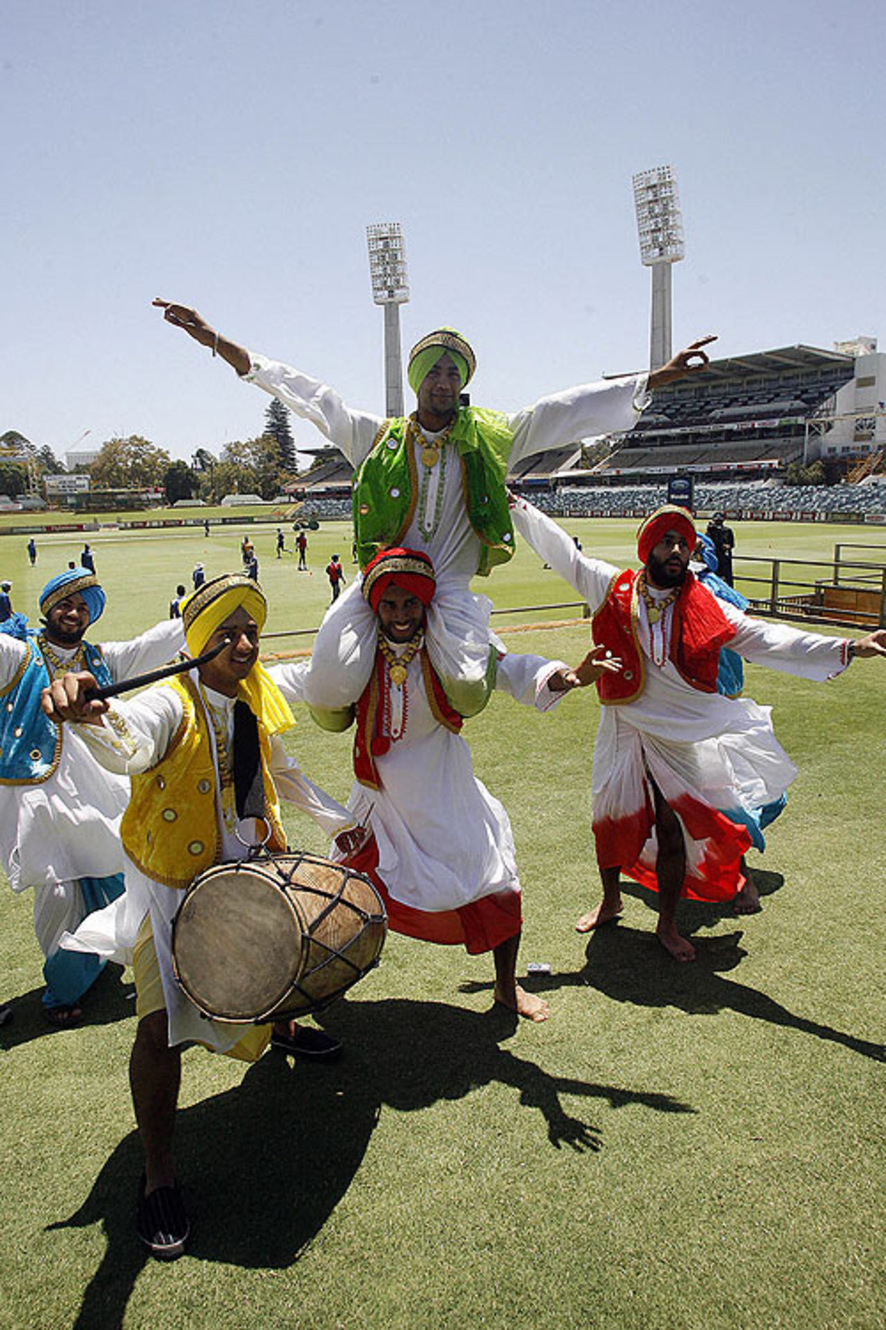 An Indian dance troupe helps their team warm up with the <i>bhangra</i>, WACA, Perth, January 14, 2008