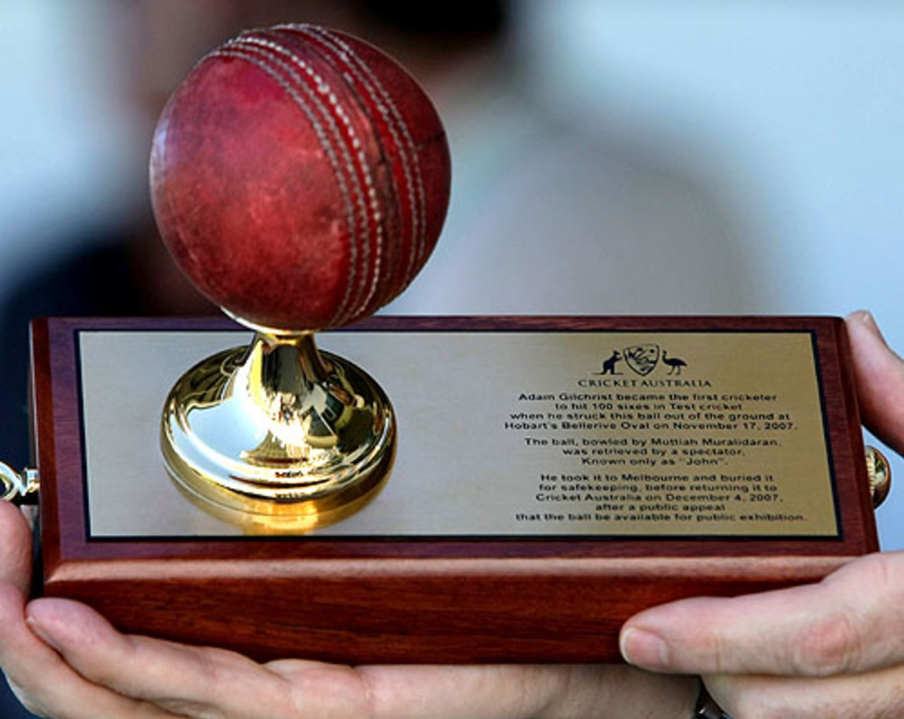 The ball that Adam Gilchrist hit for his 100th six on display, Perth, January 15, 2008