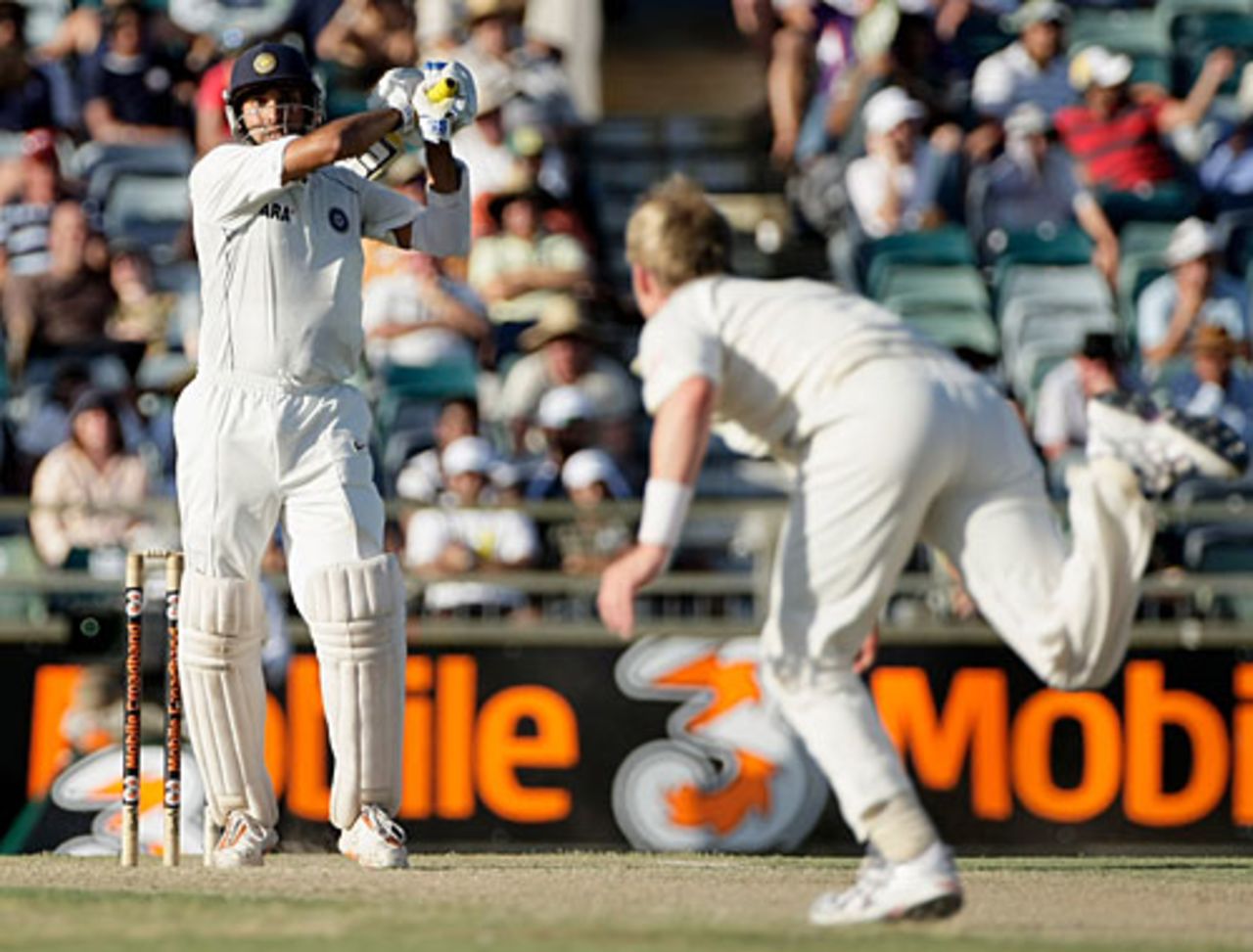 VVS Laxman mis-hit a pull to mid-off, Australia v India, 3rd Test, Perth, 1st day, January 16, 2008