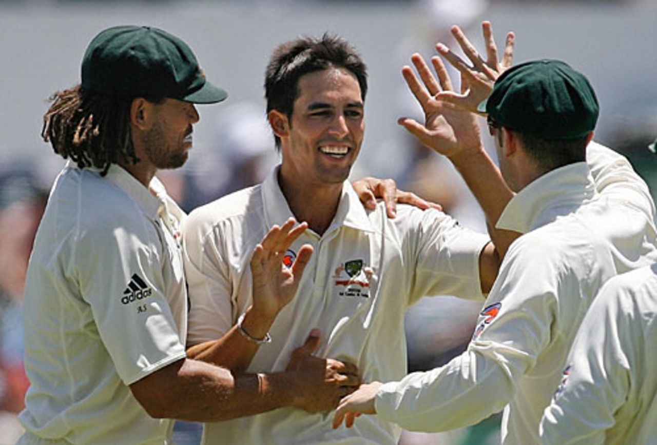 Mitchell Johnson brought a swift end to the Indian innings, Australia v India, 3rd Test, Perth, 2nd day, January 17, 2008 