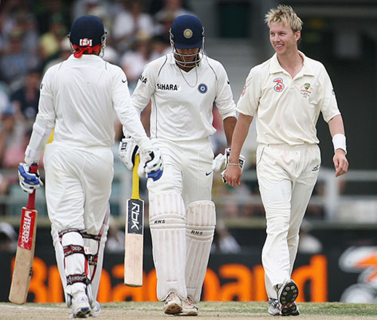 Brett Lee has a friendly chat after bouncing Irfan Pathan, Australia v India, 3rd Test, Perth, 3rd day, January 18, 2008