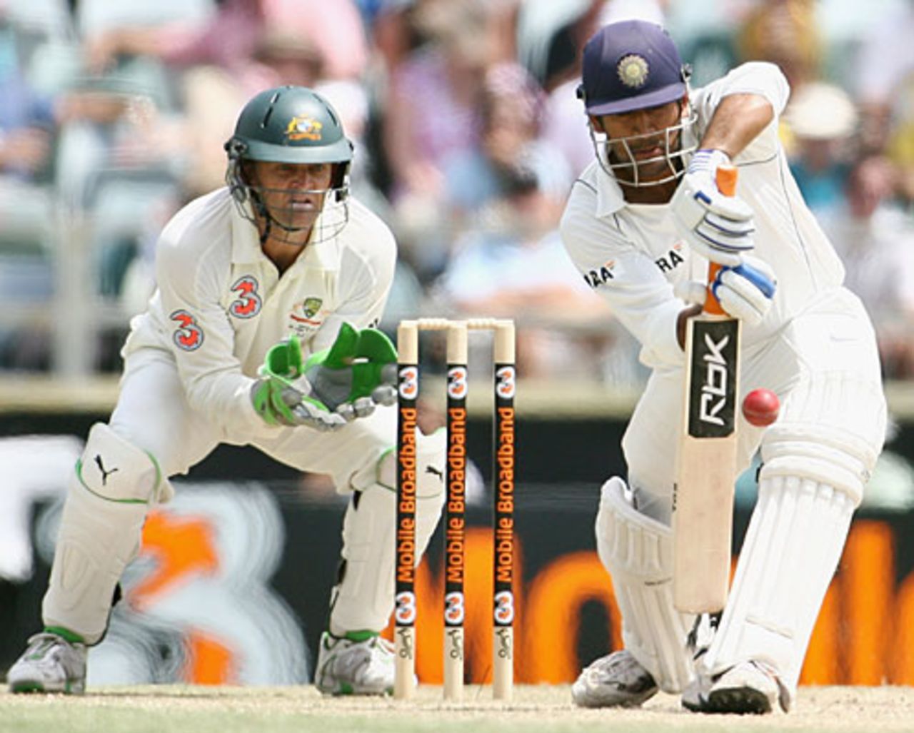 Mahendra Singh Dhoni defends off the front foot, Australia v India, 3rd Test, Perth, 3rd day, January 18, 2008