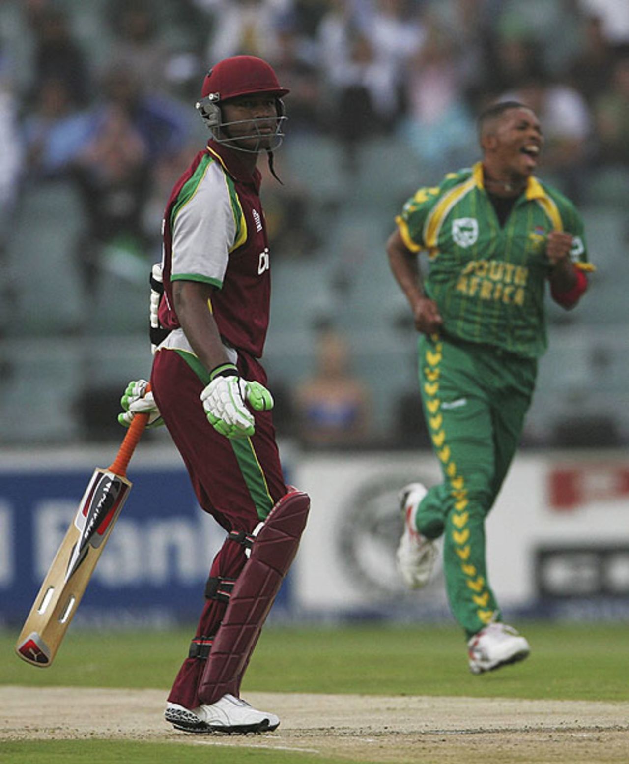 Marlon Samuels edges a catch as Makhaya Ntini celebrates, South Africa v West Indies, 2nd Twenty20, Johannesburg, January 18, 2008