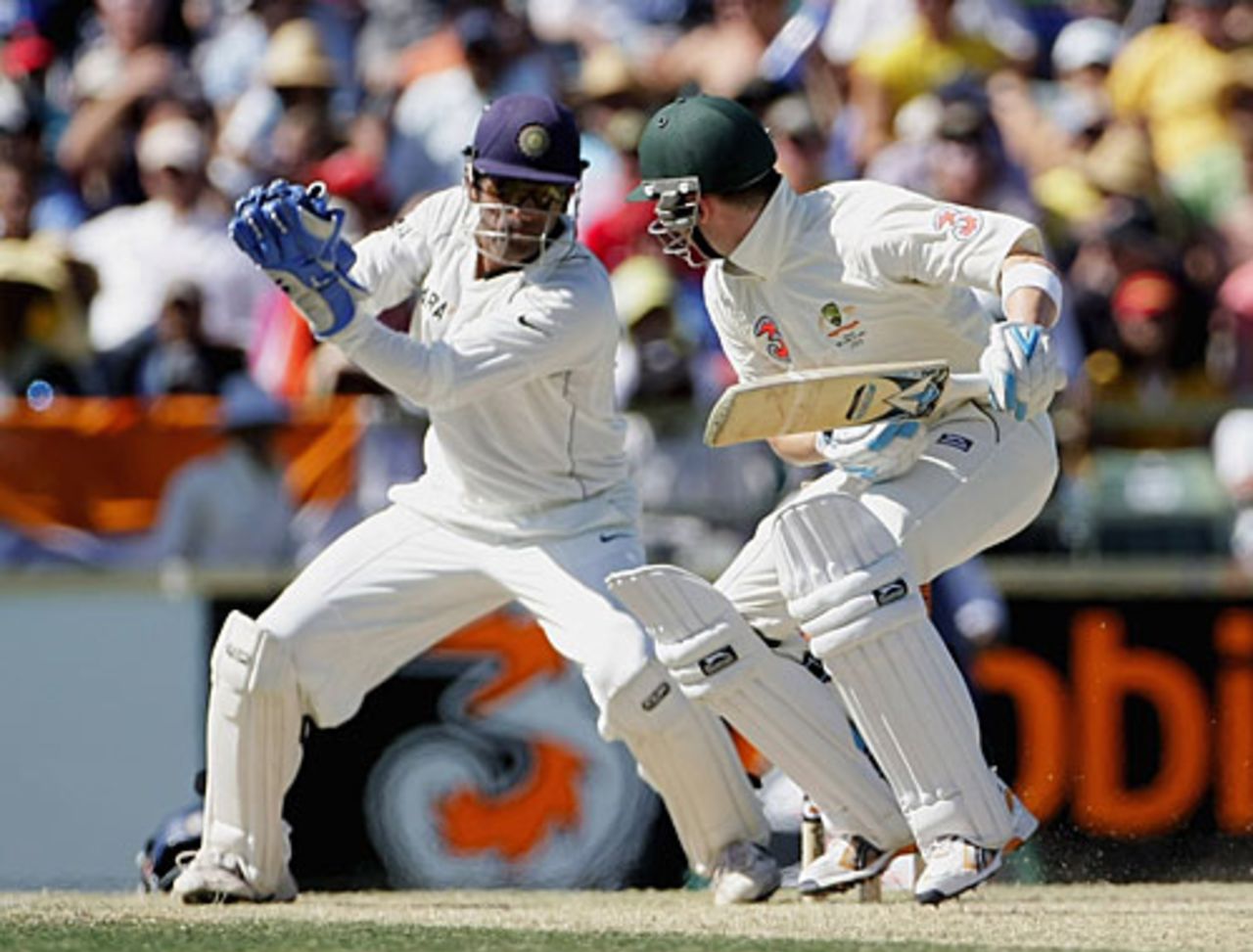 Mahendra Singh Dhoni removes the bails to stump Michael Clarke, Australia v India, 3rd Test, Perth, 4th day, January 19, 2008