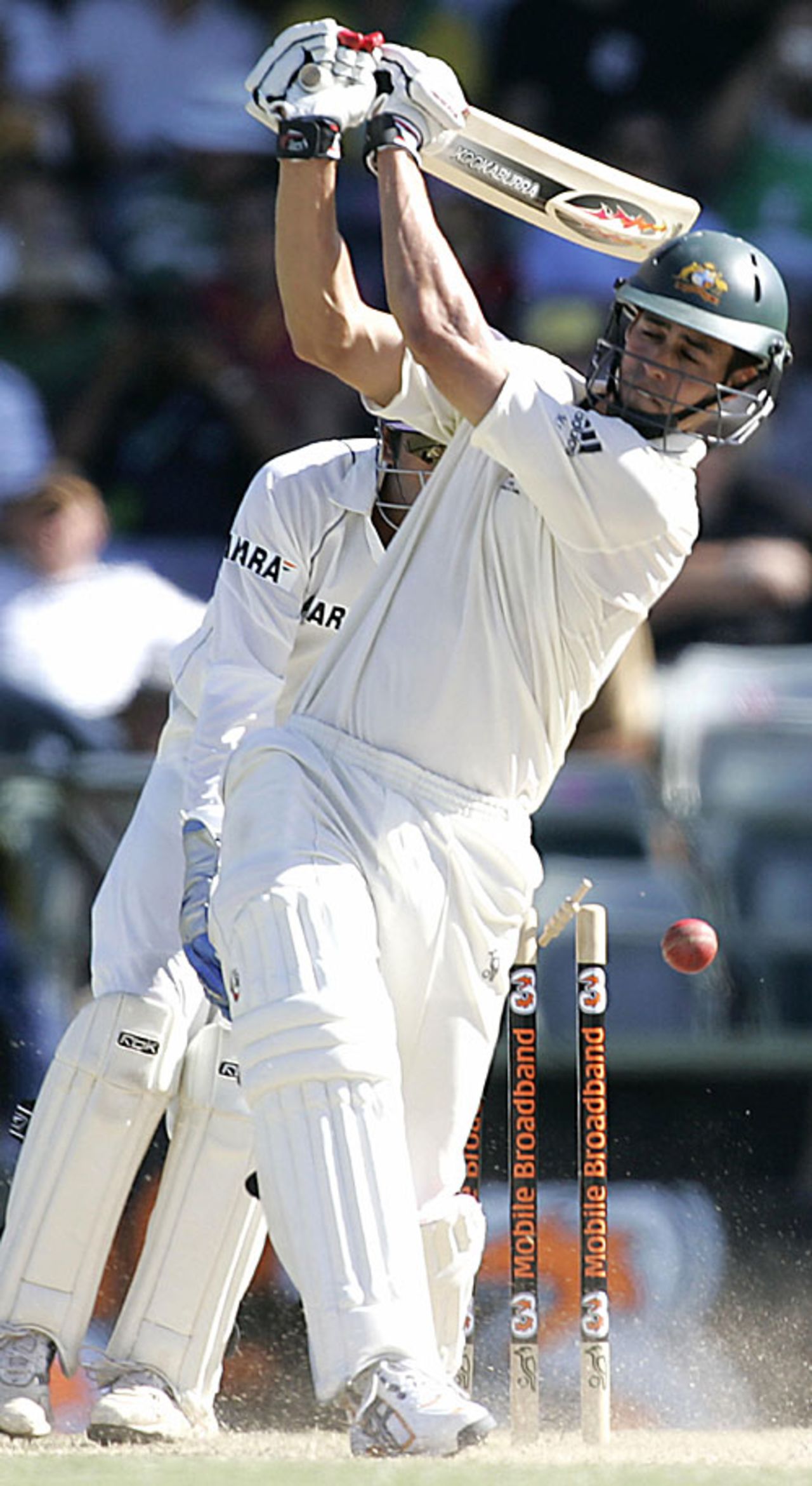 Mitchell Johnson is bowled off a no-ball, Australia v India, 3rd Test, Perth, 4th day, January 19, 2008
