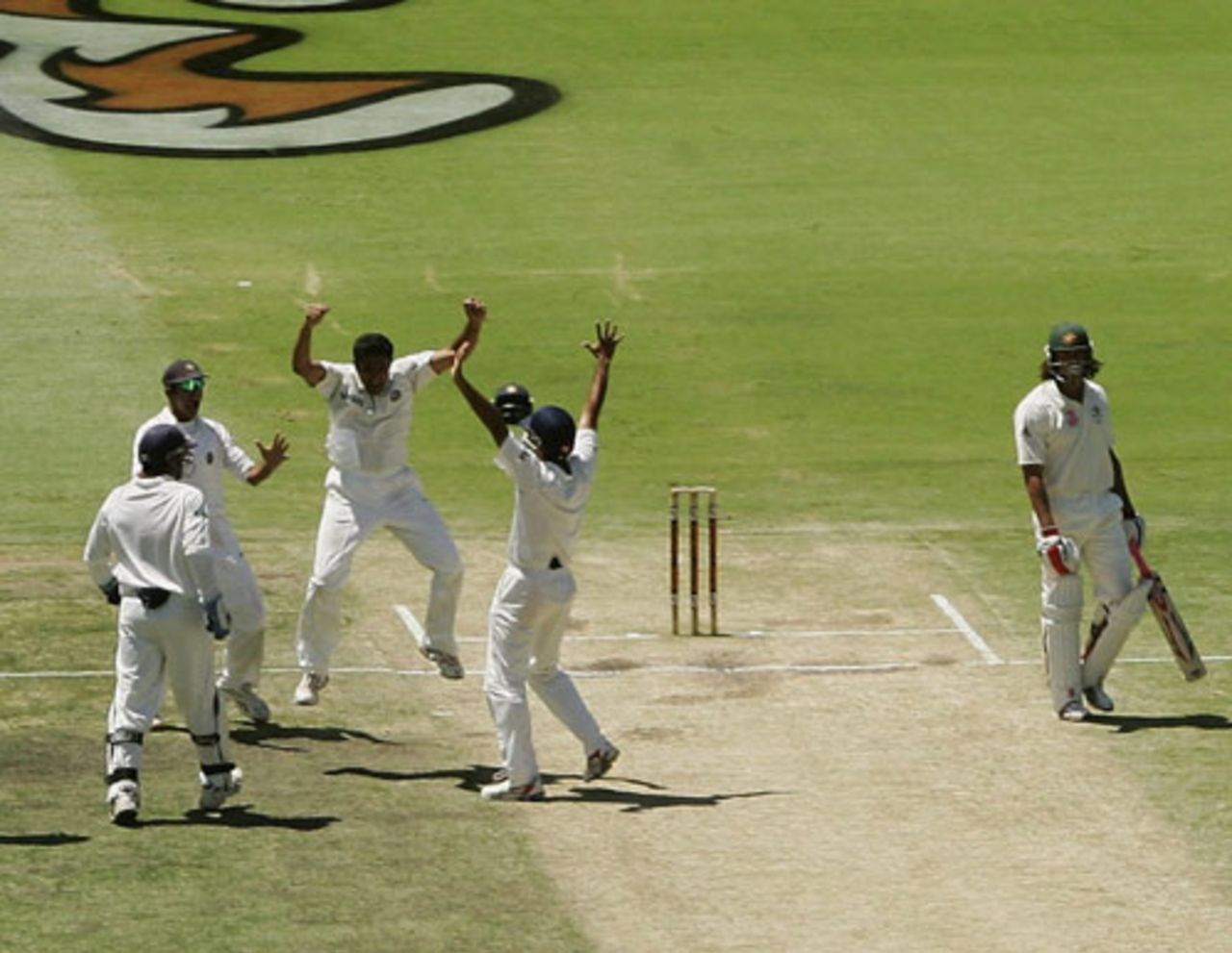 Anil Kumble is clearly pleased after getting Andrew Symonds out , Australia v India, 3rd Test, Perth, 4th day, January 19, 2008