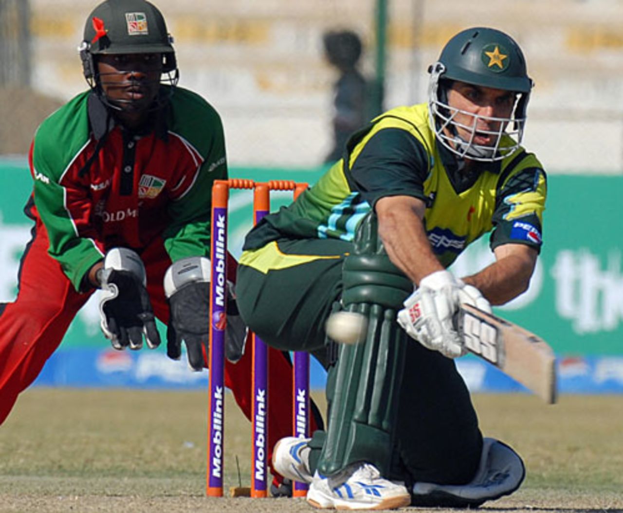 Misbah-ul Haq plays the sweep shot, Pakistan v Zimbabwe, 1st ODI, Karachi, January 21, 2008