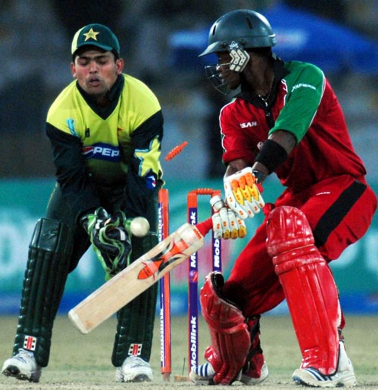 Chamu Chibhabha is bowled while attempting a late steer to third man, Pakistan v Zimbabwe, 1st ODI, Karachi, January 21, 2008