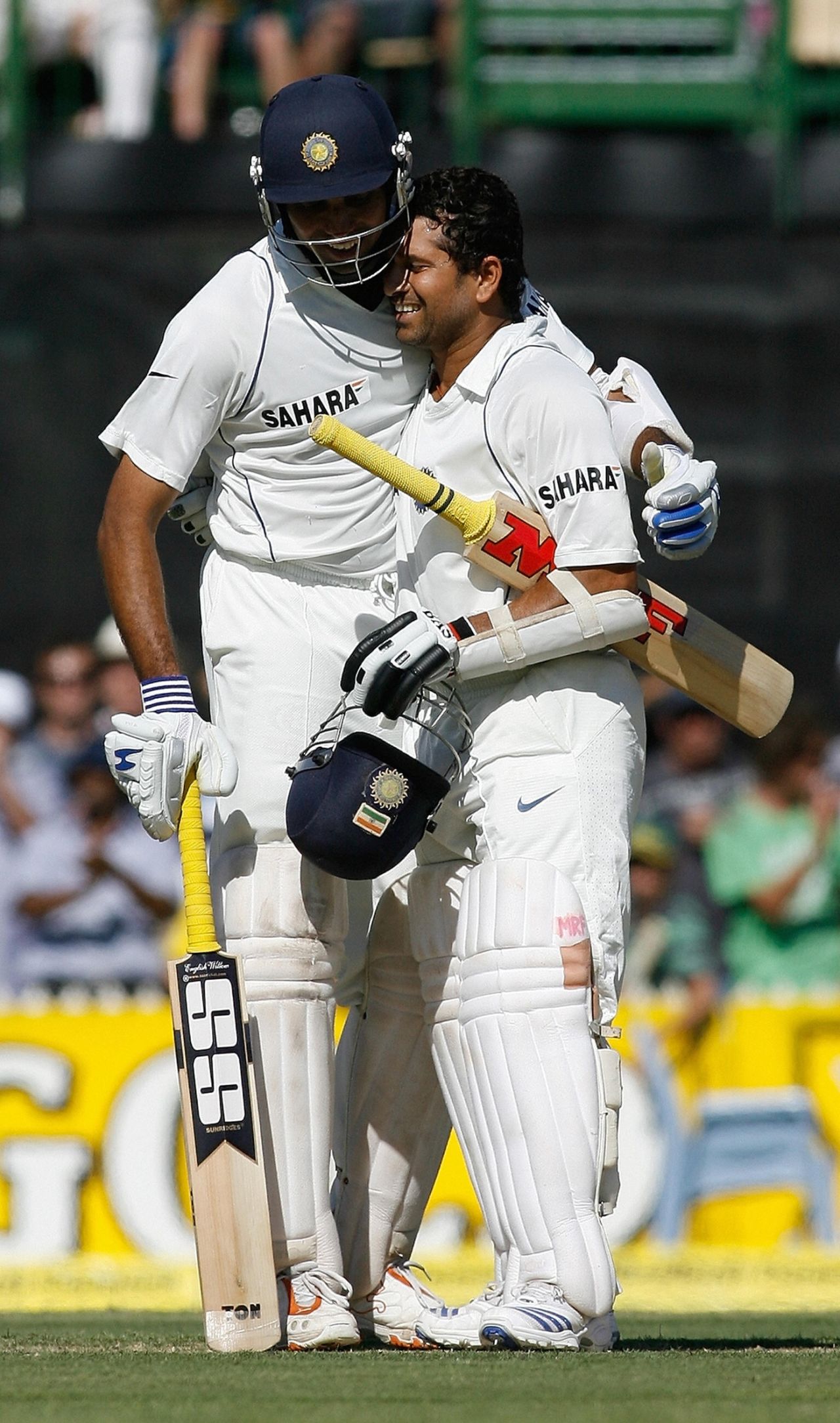 Well done us: VVS Laxman, who added 126 with Sachin Tendulkar, congratulates him on his hundred, Australia v India, 4th Test, Adelaide, 1st day, January 24, 2008