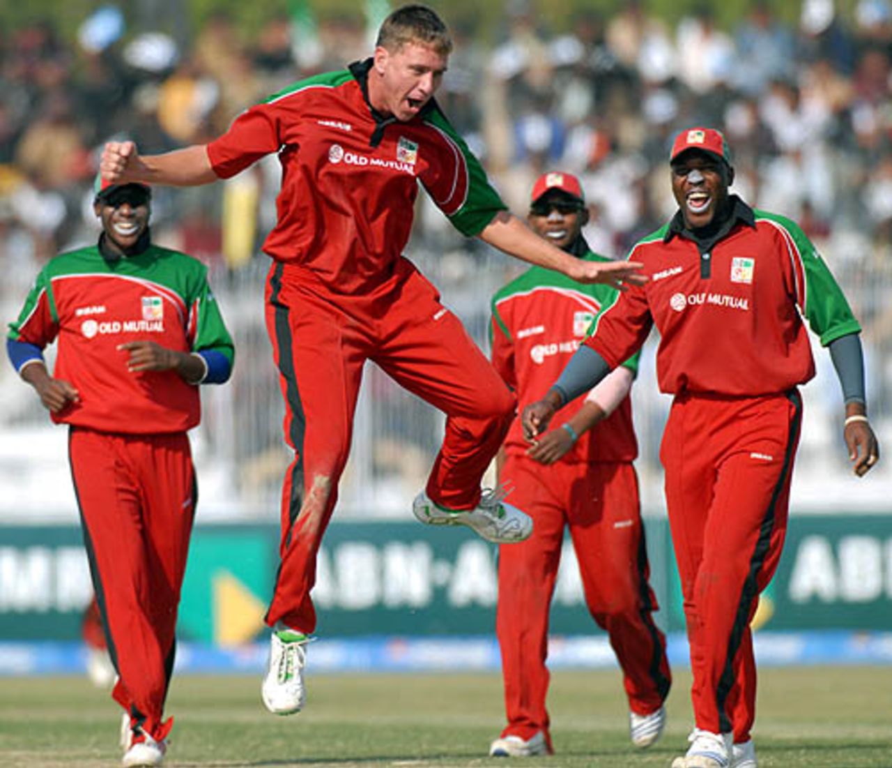 Ray Price entertains his team-mates with his celebrations after he ran out Nasir Jamshed, Pakistan v Zimbabwe, 2nd ODI, Hyderabad, January 24, 2008