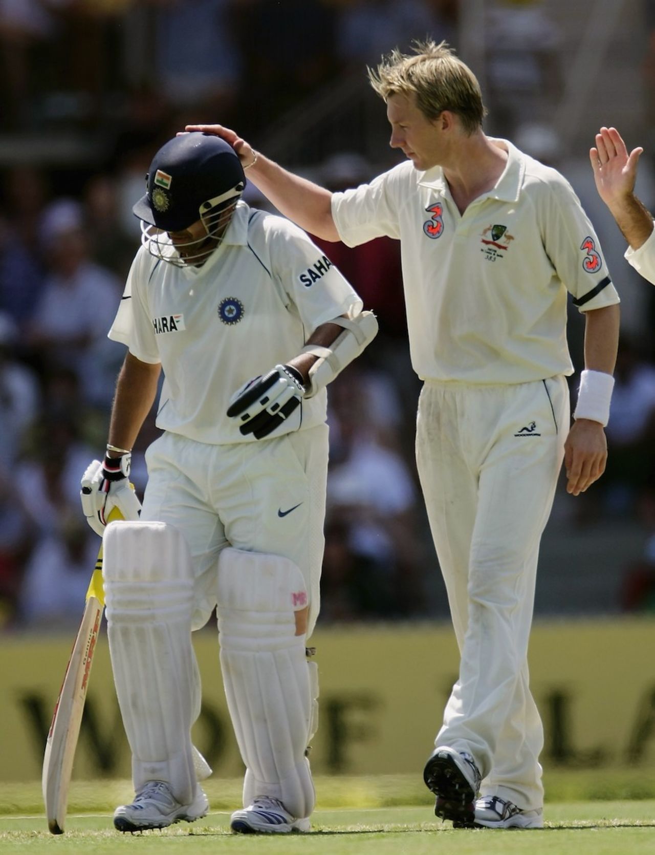 Brett Lee finds time to put an affectionate and admiring hand on Sachin Tendulkars helmet, Australia v India, 4th Test, Adelaide, 2nd day, January 25, 2008
