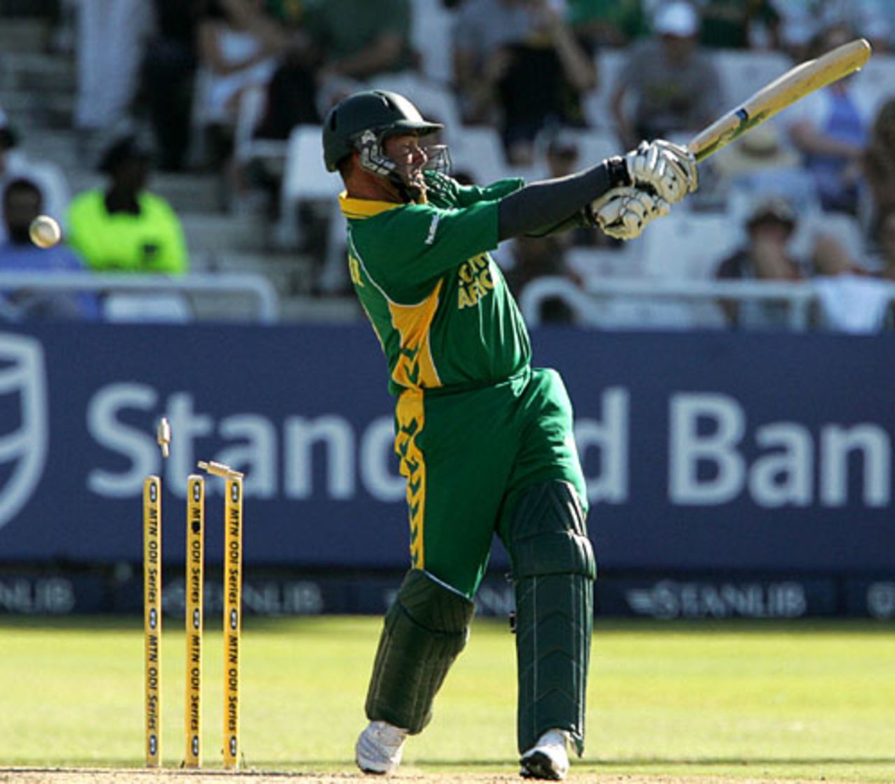 Mark Boucher misses ... and is bowled, South Africa v West Indies, 2nd ODI, Cape Town, January 25, 2008
