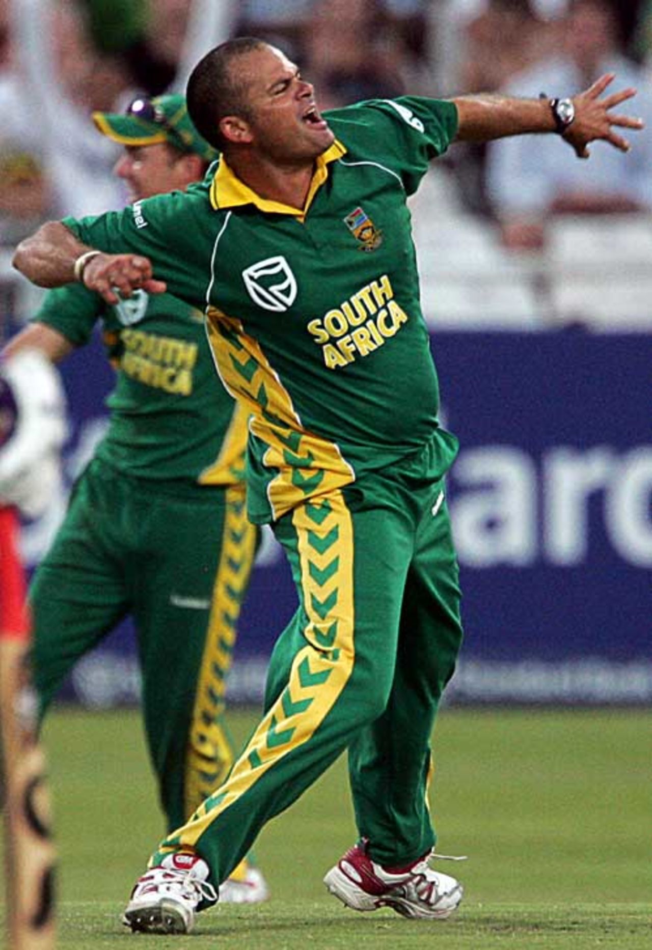 Charl Langeveldt roars his delight after dismissing Sewnarine Chattergoon, South Africa v West Indies, 2nd ODI, Cape Town, January 25, 2008