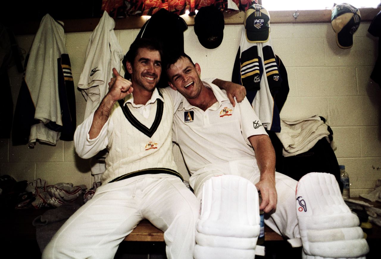 Justin Langer and Adam Gilchrist bask in a memorable victory