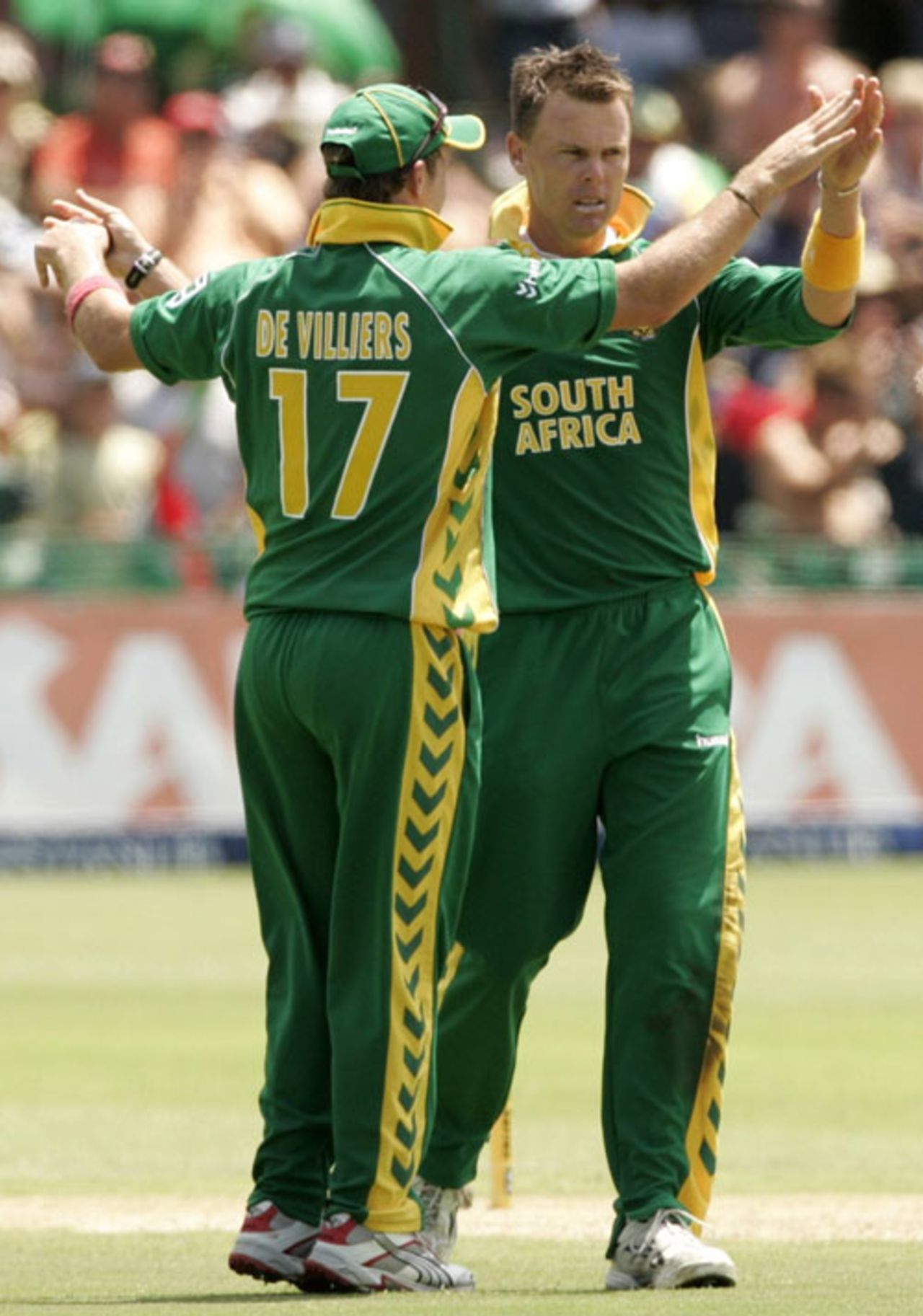 AB de Villiers congratulates Johan Botha on the first of his two wickets, South Africa v West Indies, 3rd ODI, Port Elizabeth, January 27, 2008