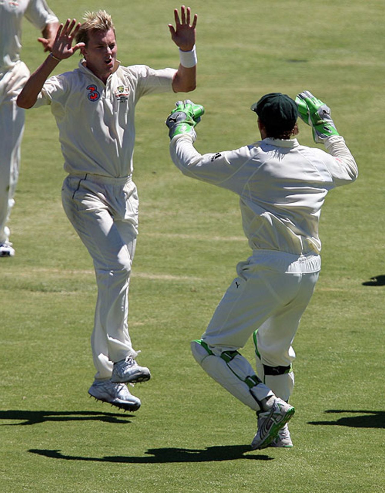 Brett Lee and Adam Gilchrist celebrate VVS Laxman's wicket, Australia v India, 4th Test, Adelaide, 5th day, January 28, 2008