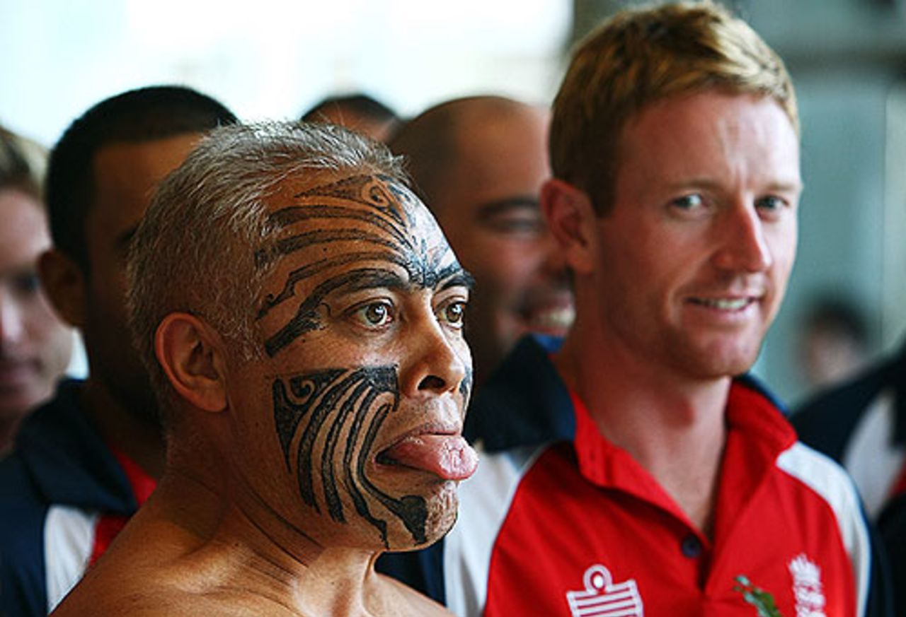Paul Collingwood observes a traditional Maori welcome ceremony, Christchurch, January 28, 2008