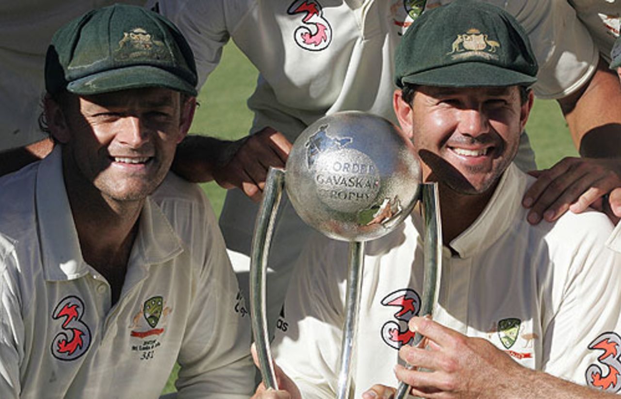 Adam Gilchrist and Ricky Ponting are all smiles as they pose with the Border-Gavaskar Trophy, Australia v India, 4th Test, Adelaide, 5th day, January 28, 2008