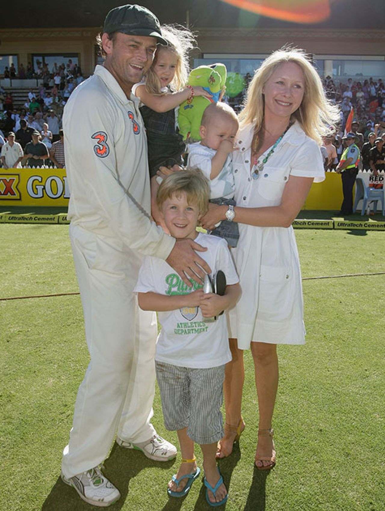 Adam Gilchrist with wife Mel and children Annie, Harry and Archie after his final Test, Australia v India, 4th Test, Adelaide, 5th day, January 28, 2008