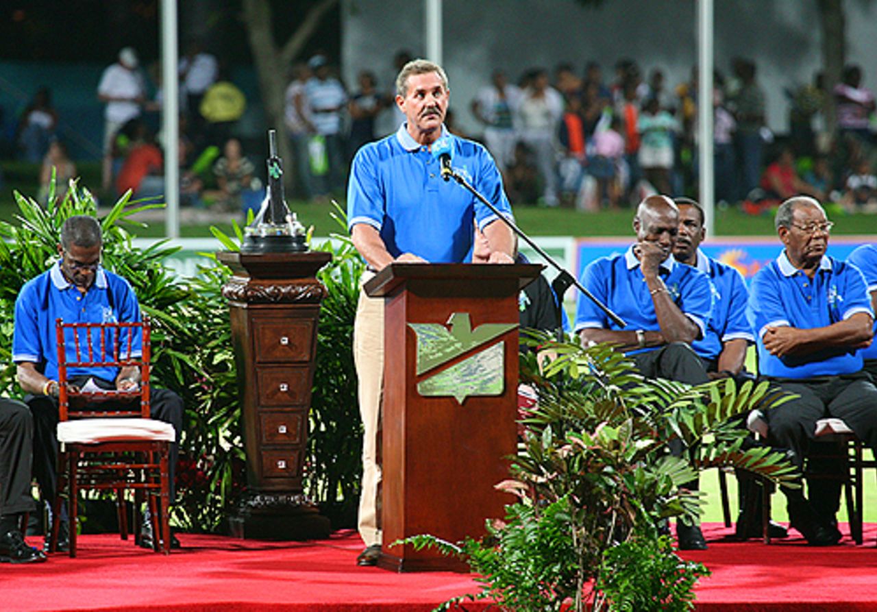Allen Stanford delivers a speech during the opening ceremony of his tournament, Coolidge, Antigua, January 27, 2008