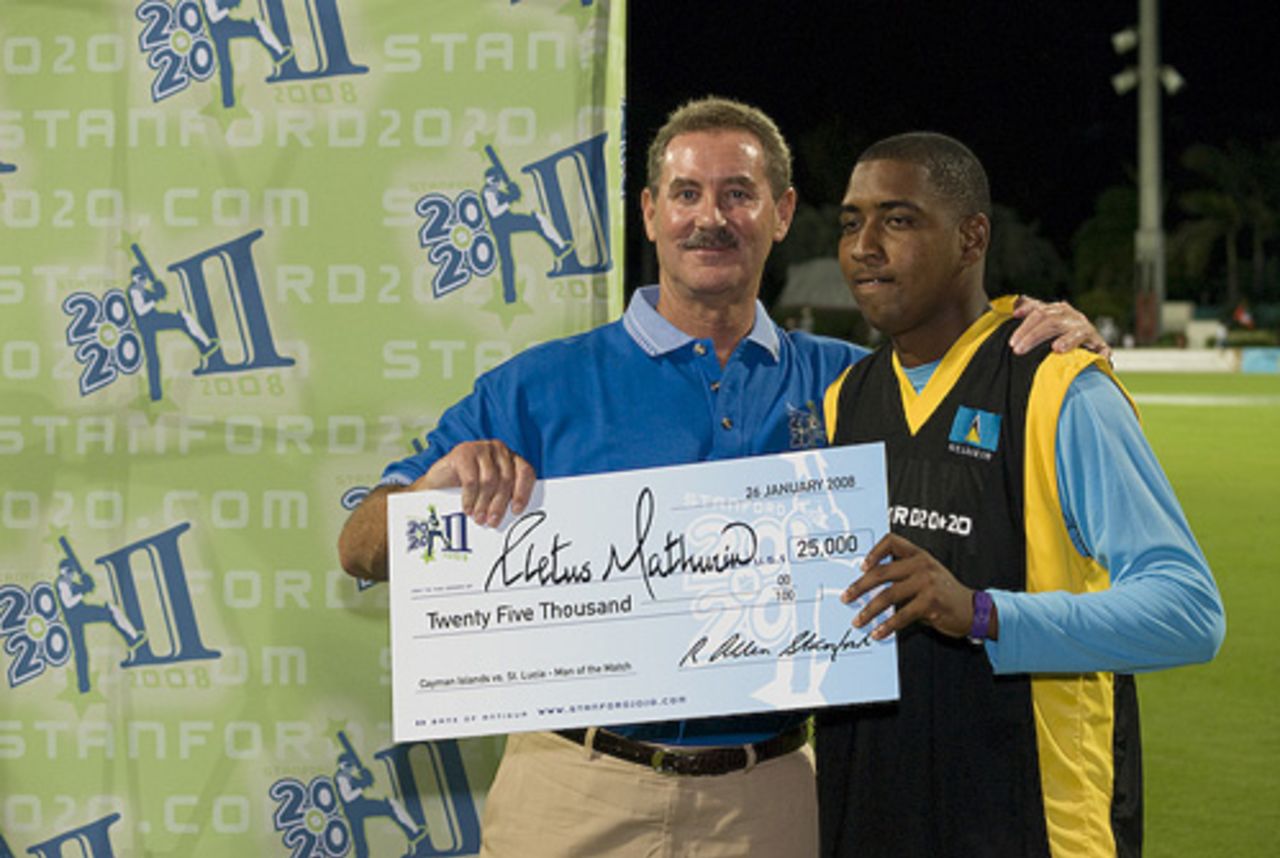 Man-of-the-Match Cletus Mathurin receives his US$25,000 prize money from Allen Stanford, Cayman Islands v St Lucia, 2nd match, Stanford 20/20, Antigua, January 26, 2008
