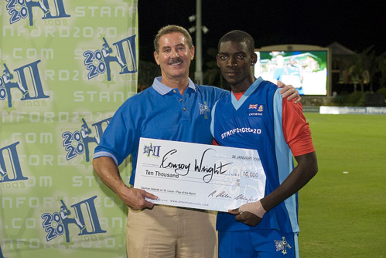 Cayman Islands' receives the Play-of-the-Day award from Allen Stanford, Cayman Islands v St Lucia, 2nd match, Stanford 20/20, Antigua, January 26, 2008