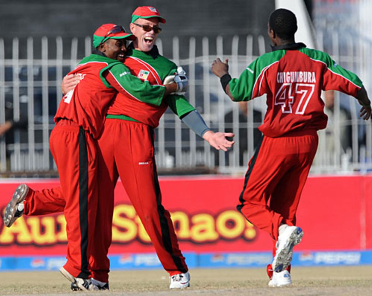 Gary Brent is congratulated by team-mates for taking a catch to dismiss Nasir Jamshed, Pakistan v Zimbabwe, 4th ODI, Mobilink Cup, Faisalabad, January 30, 2008