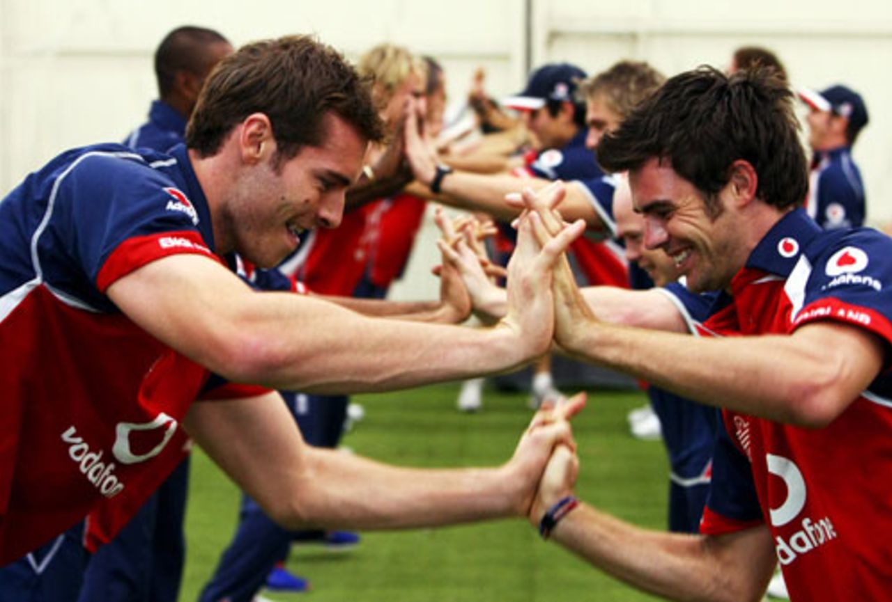 James Anderson and Chris Tremlett take part in a drill during a net session at the Lincoln University Performance Centre, Christchurch, January 30, 2008