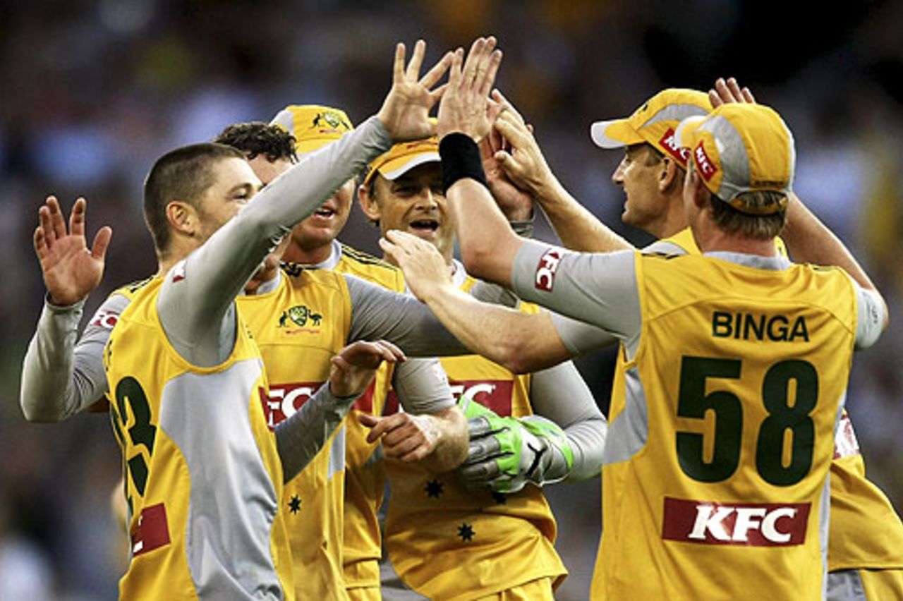 The Australians celebrate the fall of another Indian wicket, Australia v India, Twenty20 international, Melbourne, February 1, 2008
