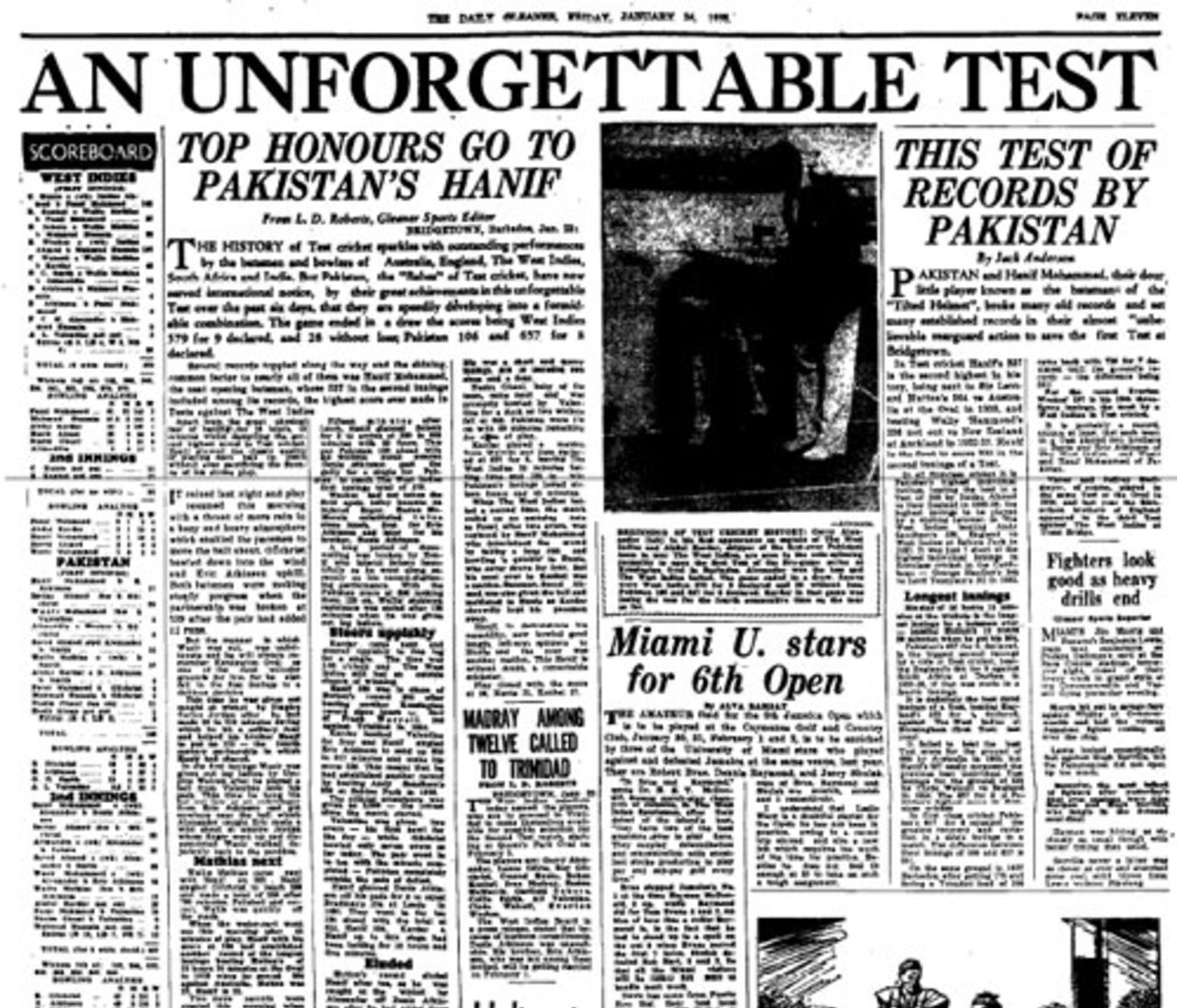 The <I>Gleaner</I> reports on Hanif Mohammad's 337, West Indies v Pakistan, 1st Test, Barbados, January 23, 1958