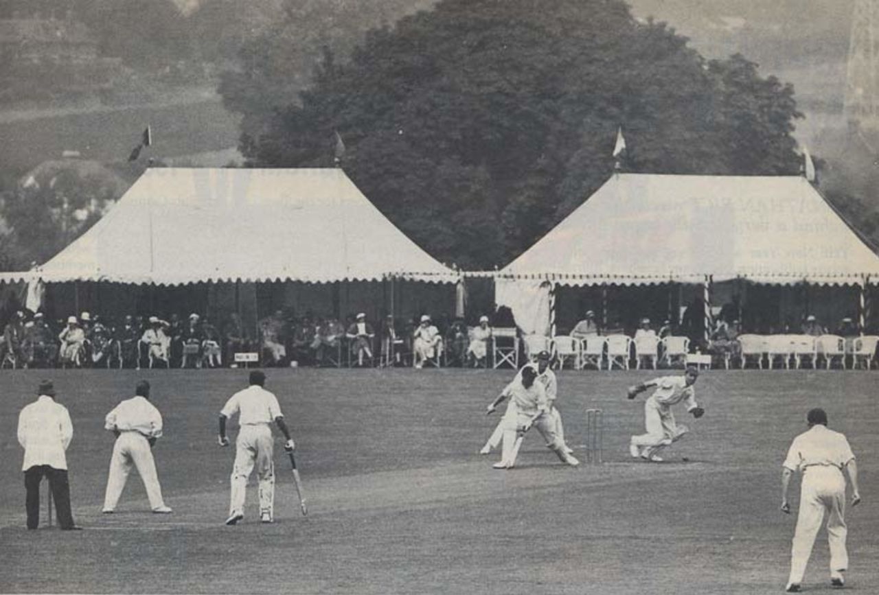 Sussex on the way to victory over Kent at Maidstone in 1932.  James Langridge plays a ball from Tich Freeman, with Les Ames keeping and Frank Woolley at slip, Duleepsinjhi is the non striker